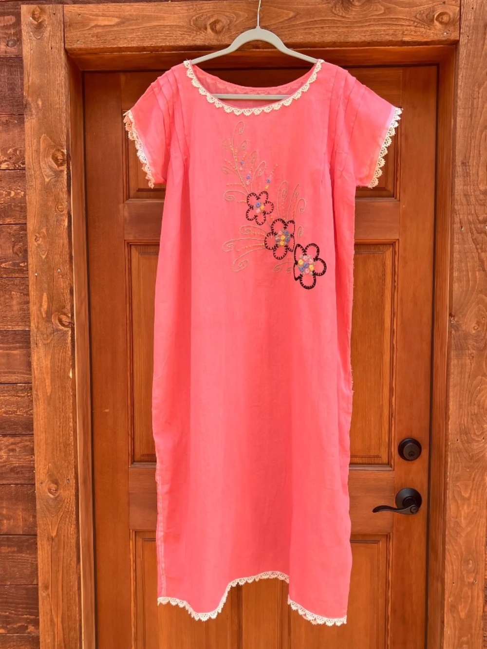 1930's Embroidered Sheer Pink Cotton Dressing Gown Night Gown Dress floral lace - Picture 5 of 10